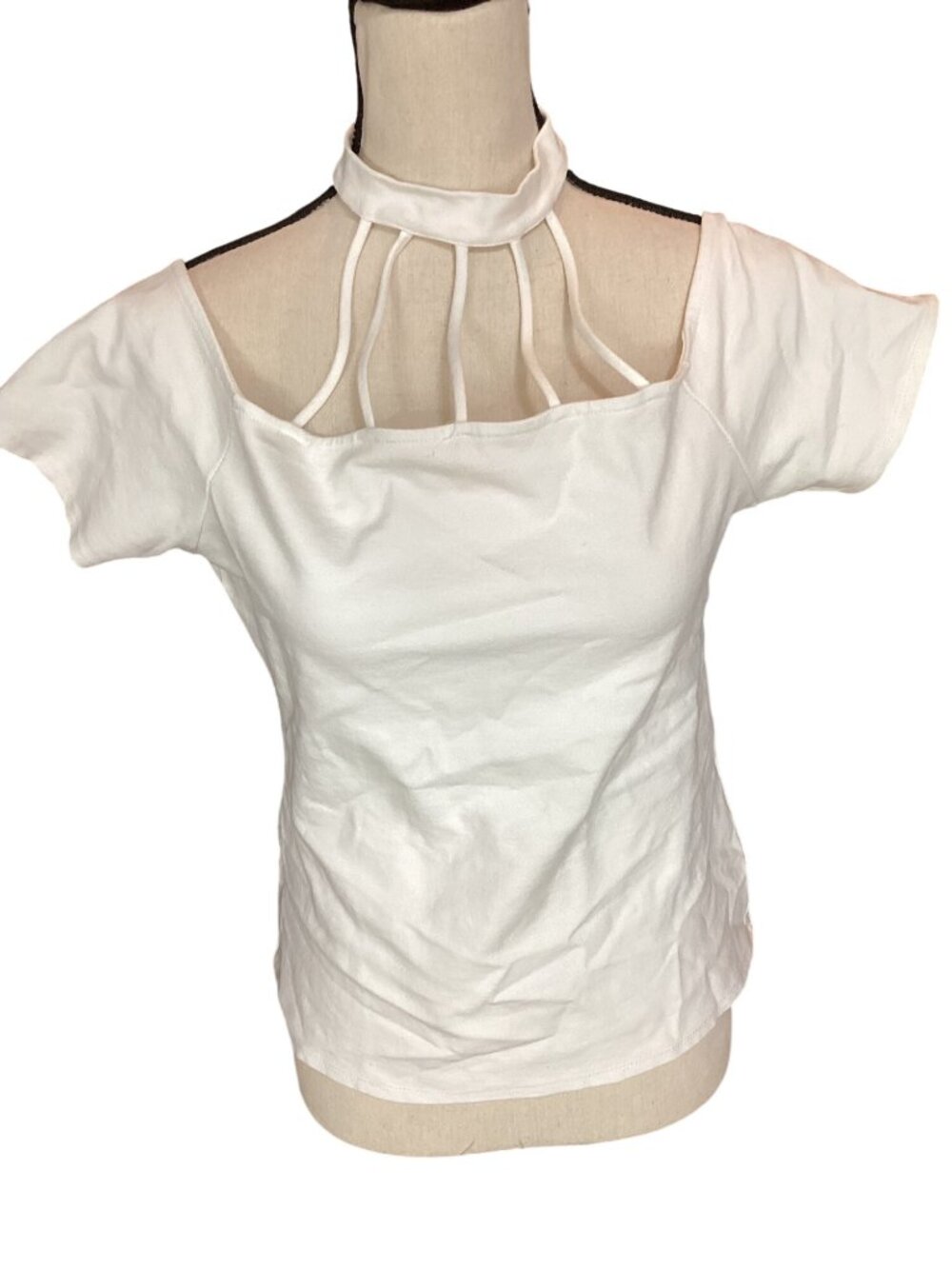 New Mode White Short Sleeve Top*High Neck Cage*Button Closure*Cosplay*L*EUC